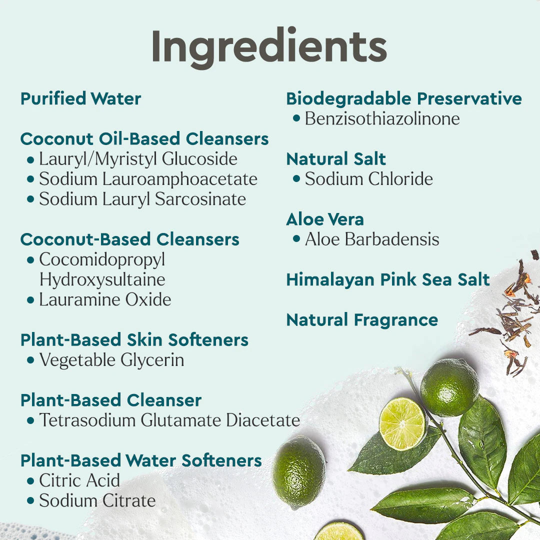Green limes, leaves, Himalayan pink salt, and Dish Soap on a white surface.