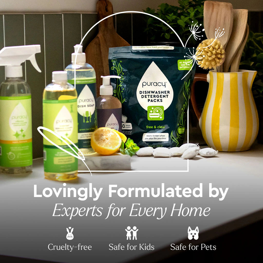 Puracy Dish Soap on a kitchen counter: Lovingly Formulated by Experts for Every Home. #common#scent_green-tea-&-lime