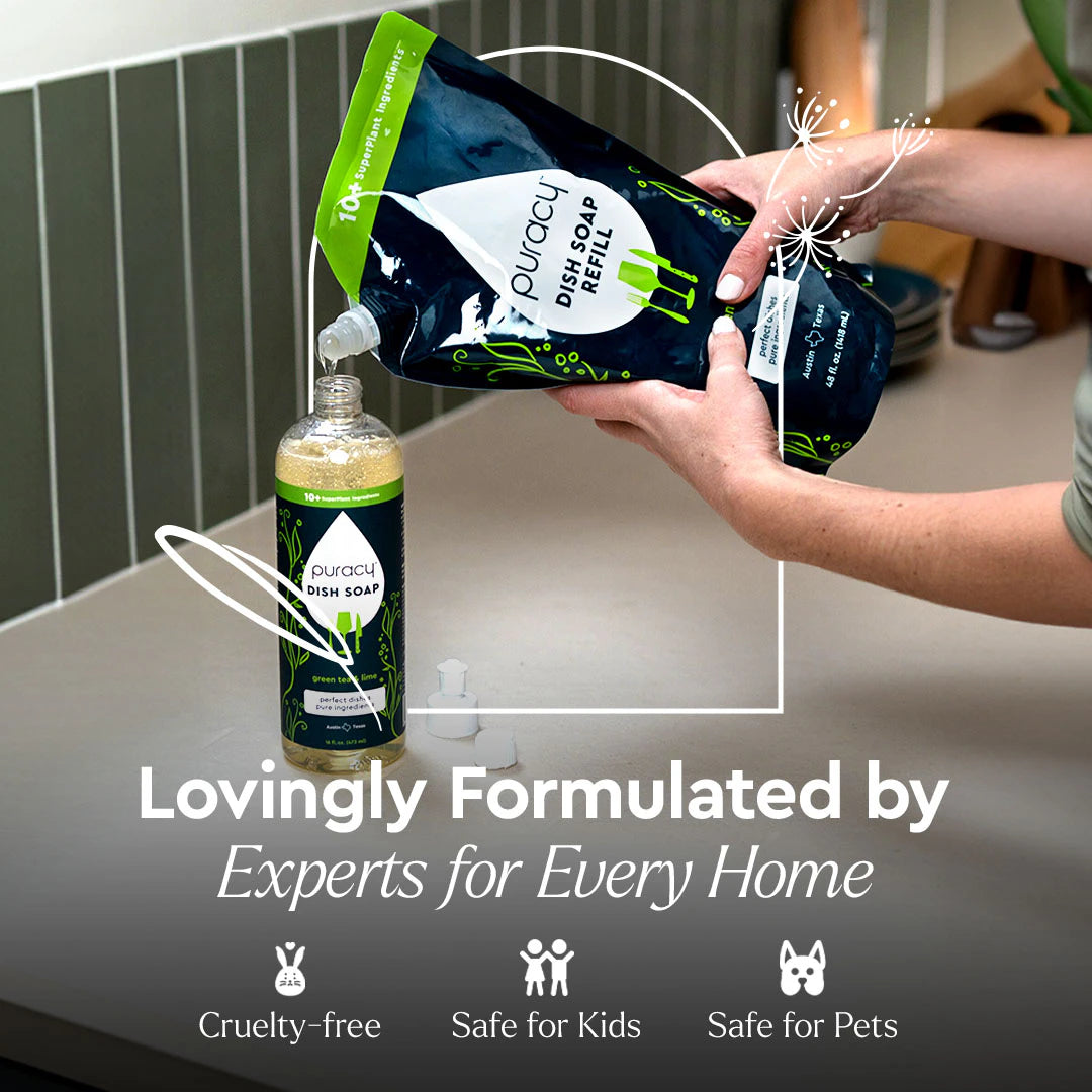 Person refilling a Puracy Dish Soap bottle; text highlights safety and cruelty-free formula.