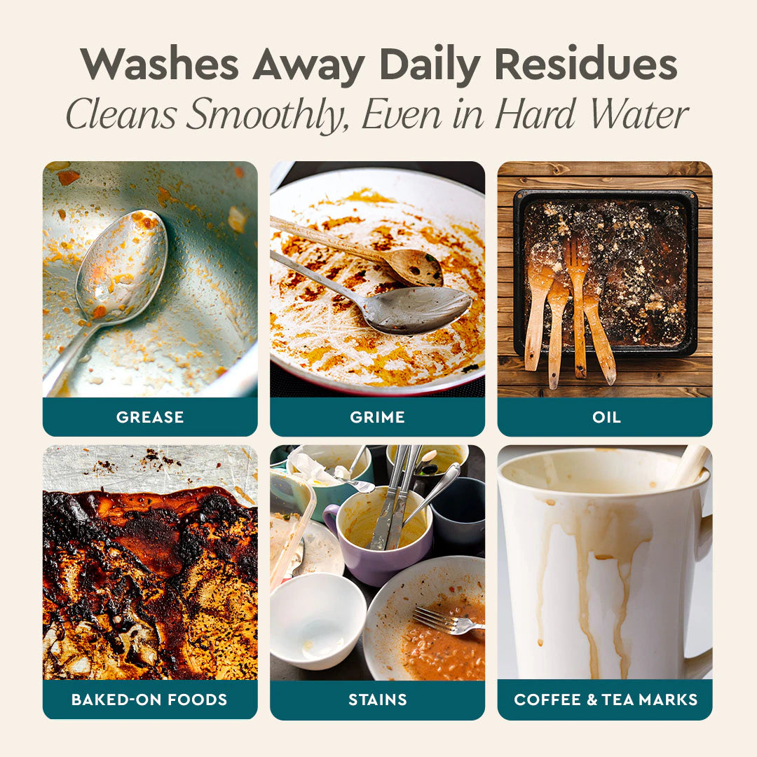 Six dirty dishes—grease, grime, oil, stains—all clean easily with plant-based Dish Soap.