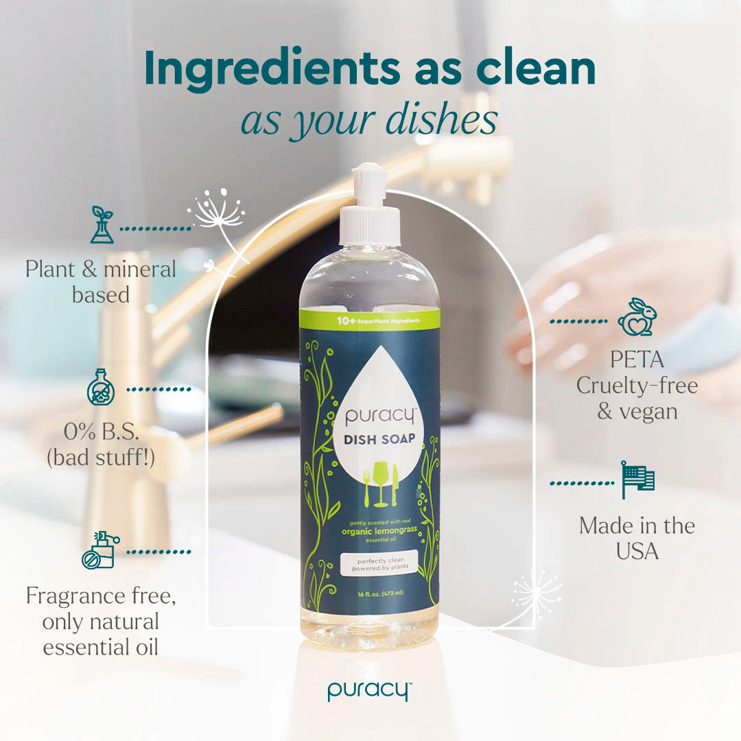 A bottle of Puracy Dish Soap on a kitchen counter, highlighting its eco-friendly, plant-based formula.