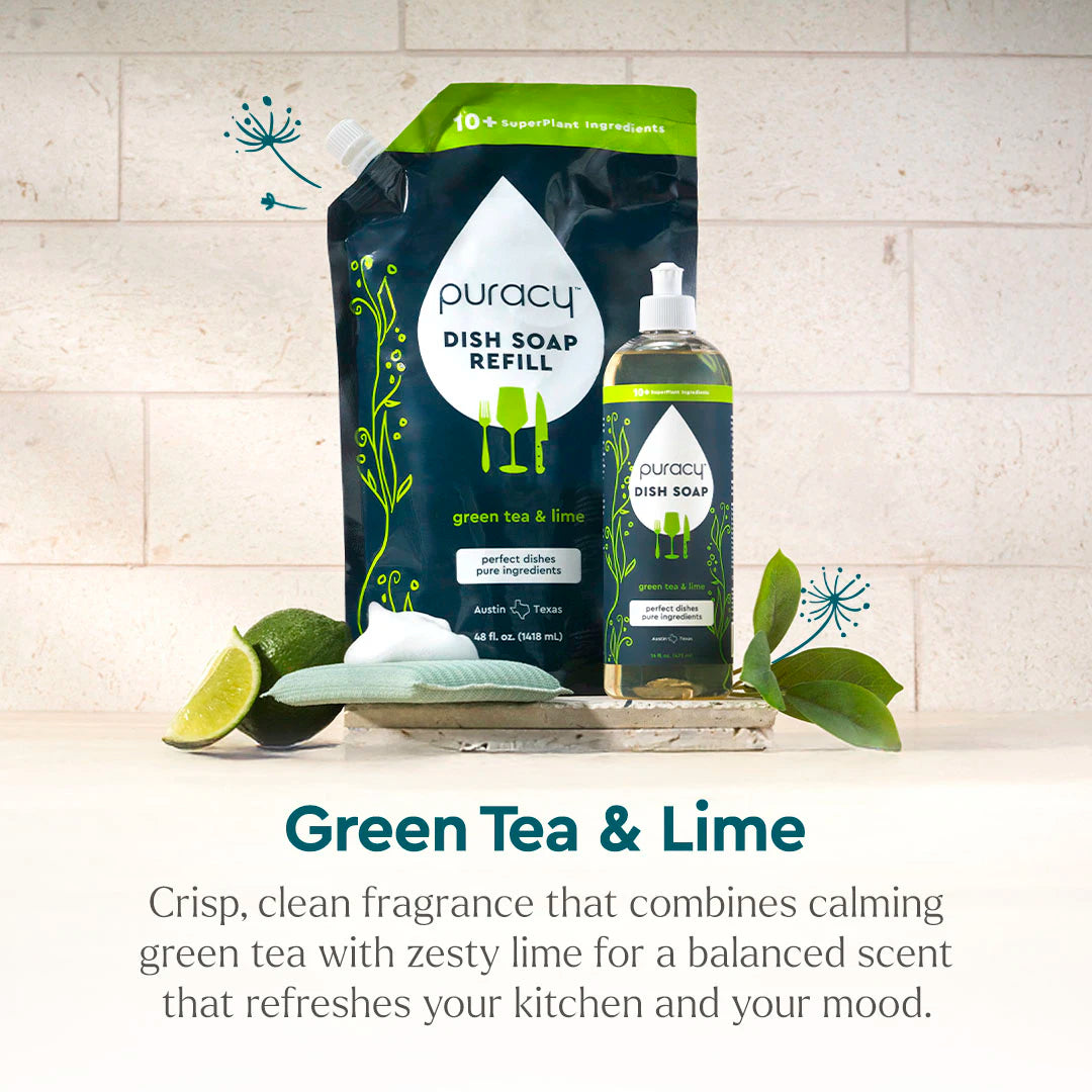 Puracy Dish Soap refill and bottle with lime and green tea on the counter.