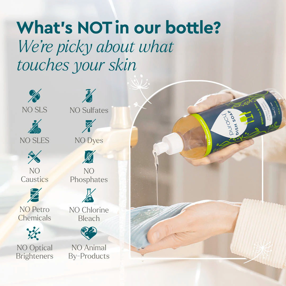 A hand pours eco-friendly Dish Soap onto a sponge; icons highlight ingredients not included.