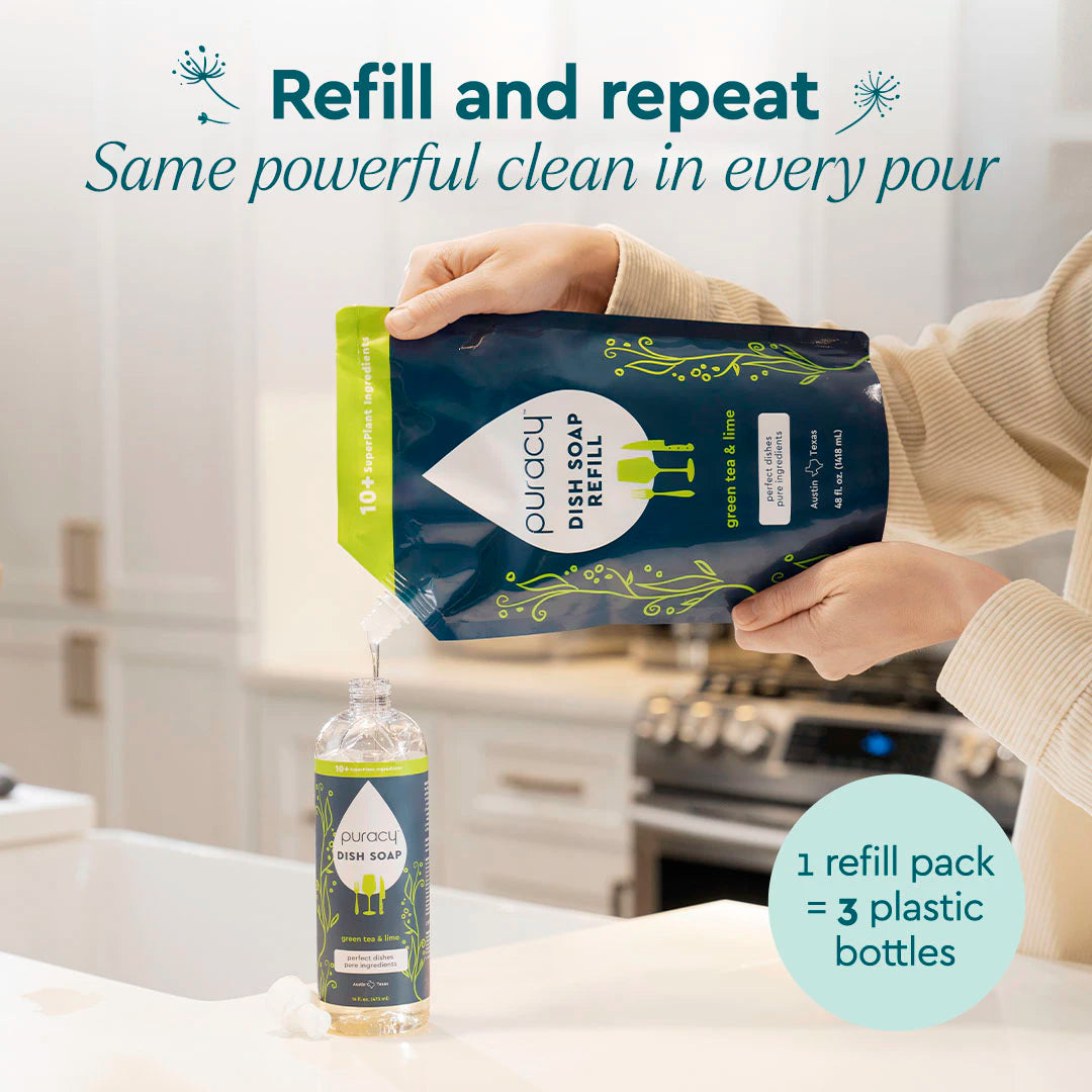 Someone refilling a dish soap bottle with eco-friendly, plant-based Dish Soap in a bright kitchen. #common #scent_green-tea-lime refill_#size
