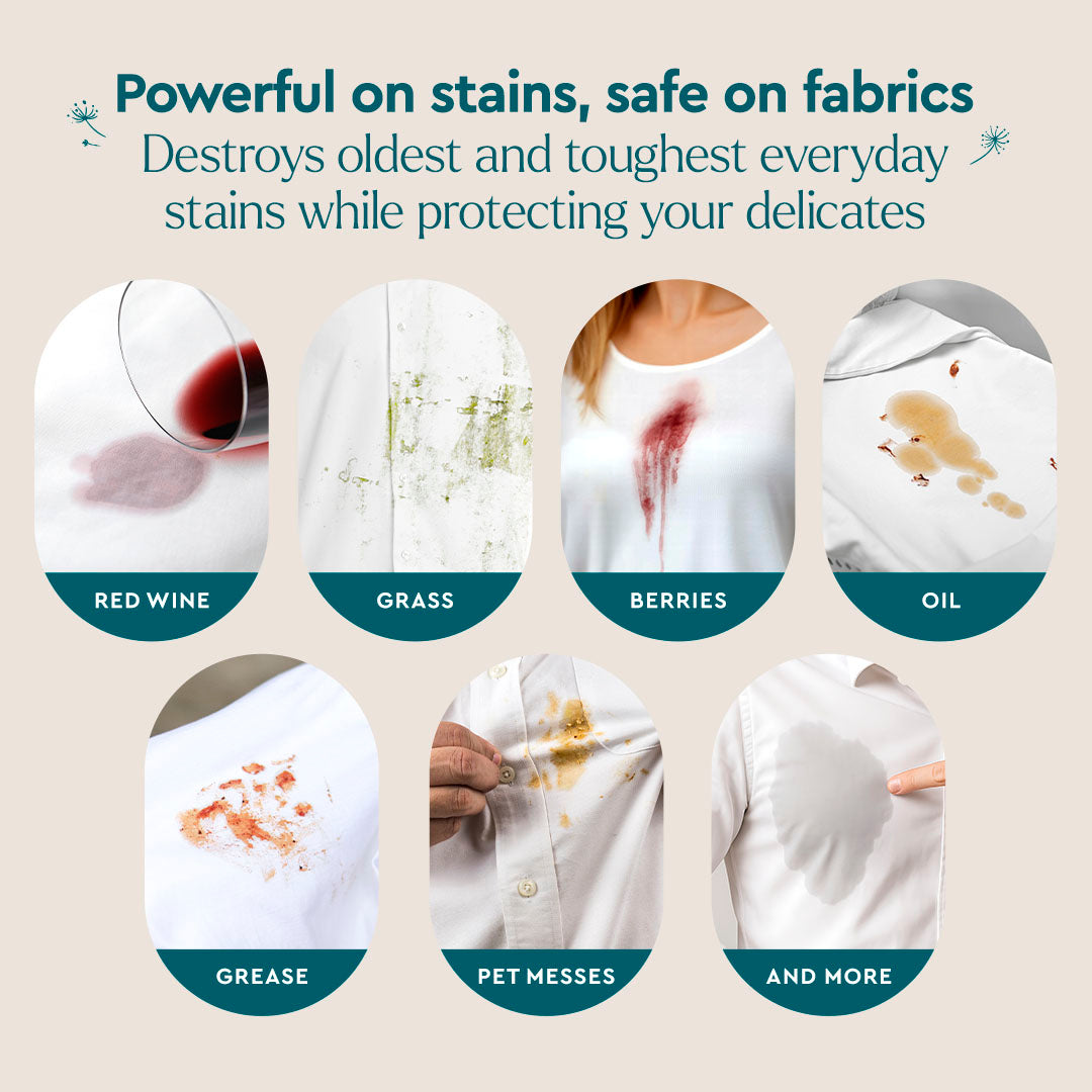 Seven images show tough stains—red wine, grass, berries—on white shirts with Laundry Stain Remover.