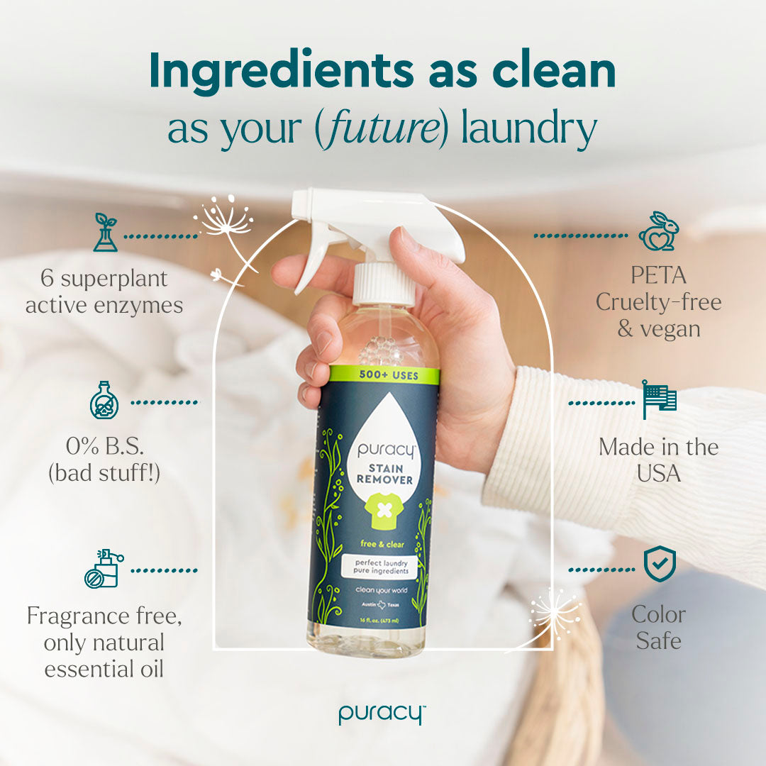 A hand holds Laundry Stain Remover with plant-based ingredients and product benefits listed around it.