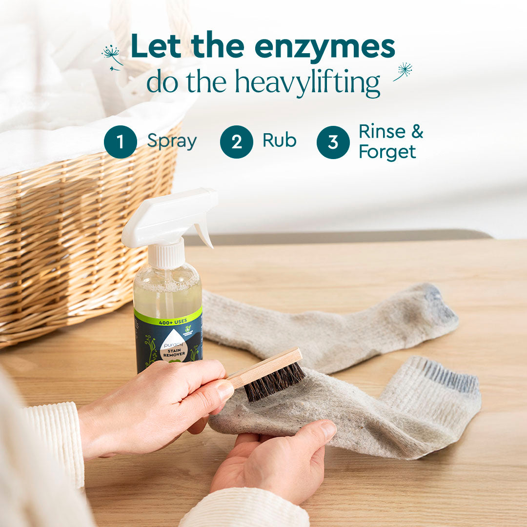 Person uses Laundry Stain Remover on socks: spray, rub, rinse, and stains disappear.