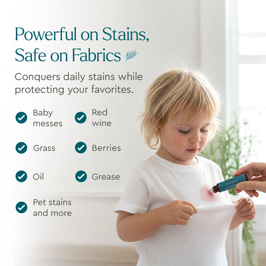 Adult uses Laundry Stain Remover stick on toddler’s shirt; text lists stains it easily removes.