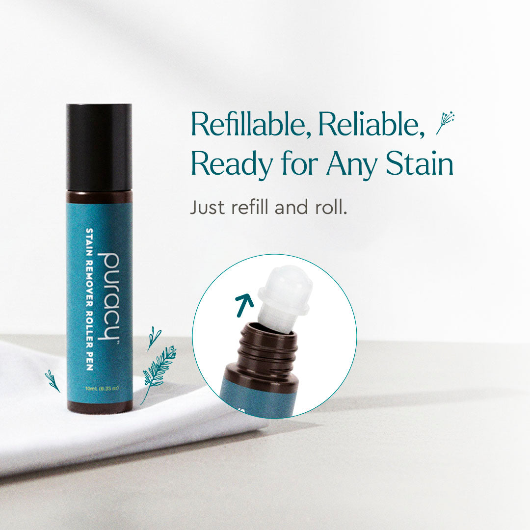 Laundry Stain Remover pen on fabric, showcasing its refillable and plant-based design.