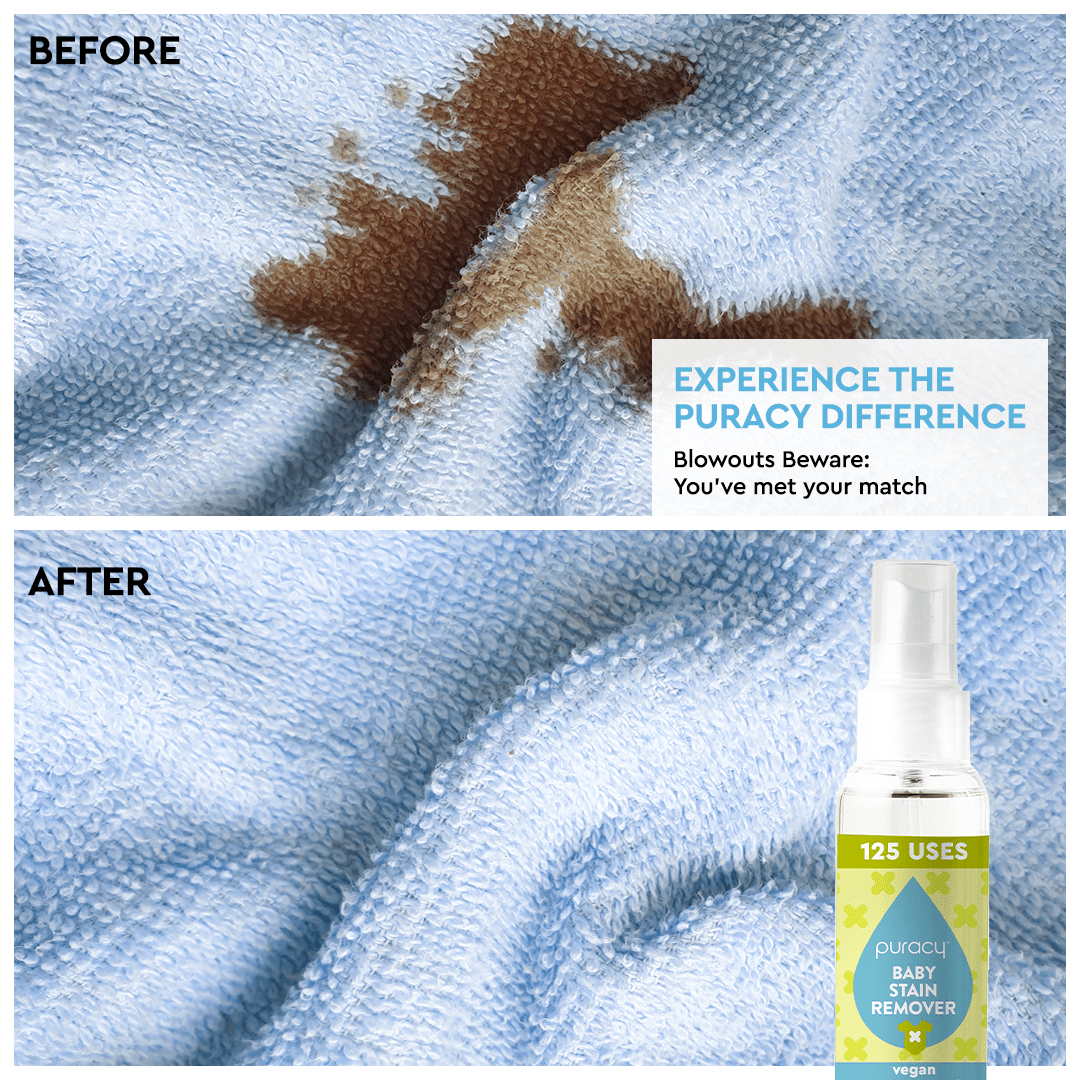Before: brown stain on blue fabric. After: clean fabric with Natural Baby Laundry Stain Remover, Enzyme Odor Eliminator, Free & Clear, 16 Oz.
