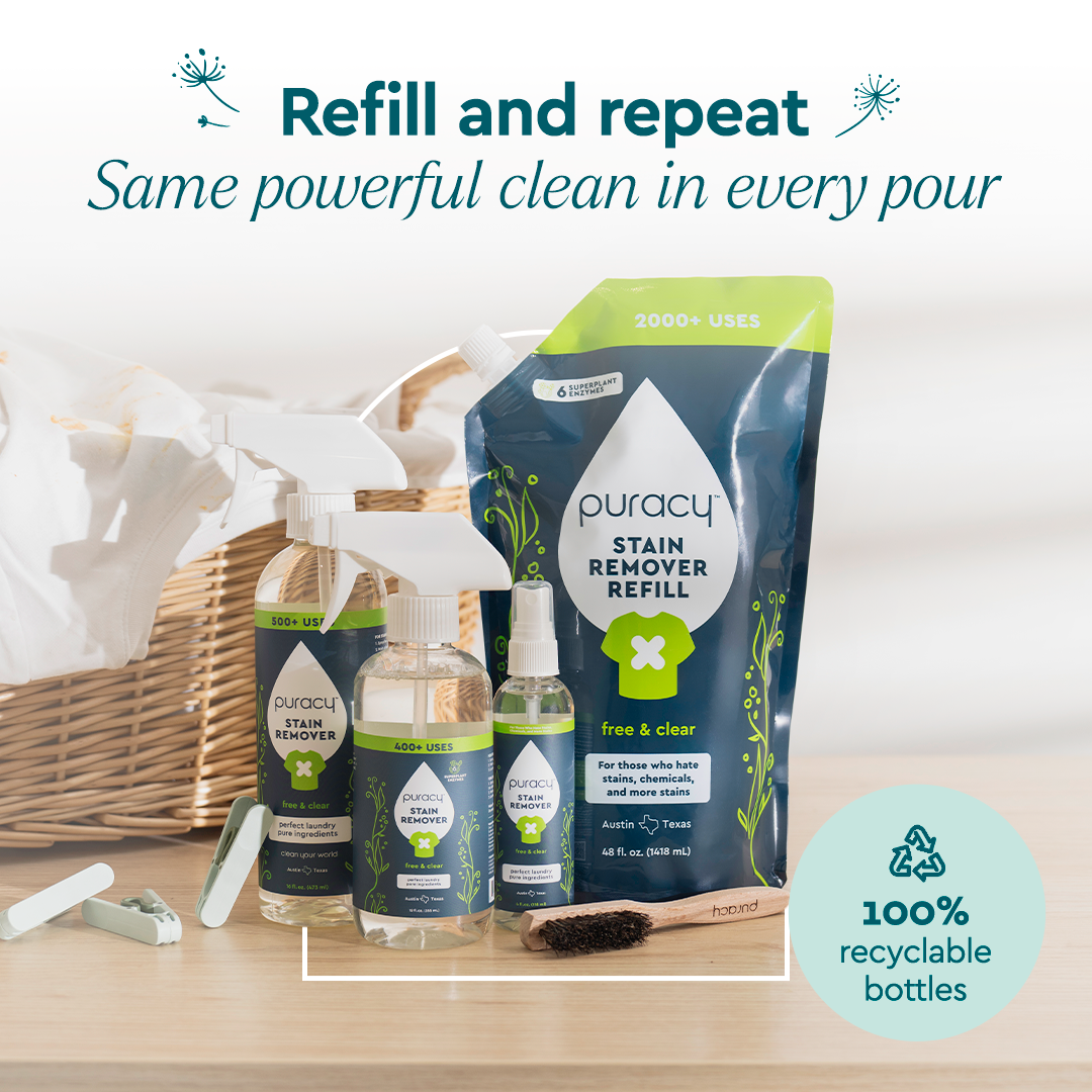 Laundry Stain Remover on a table with laundry basket; refillable, recyclable bottles shown.