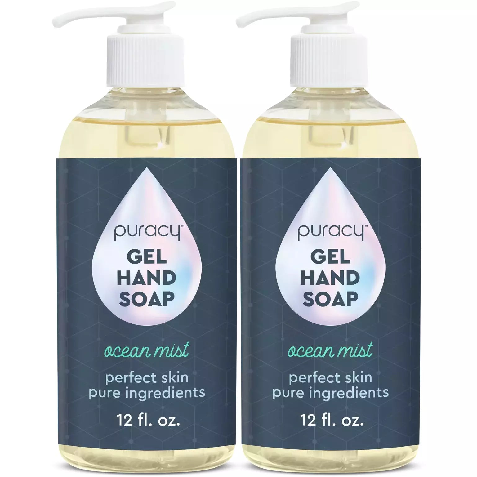 Two bottles of Gel Hand Soap in Ocean Mist scent, each 12 fl. oz., with moisturizing and hydrating, plant-derived ingredients for a refreshing cleanse.