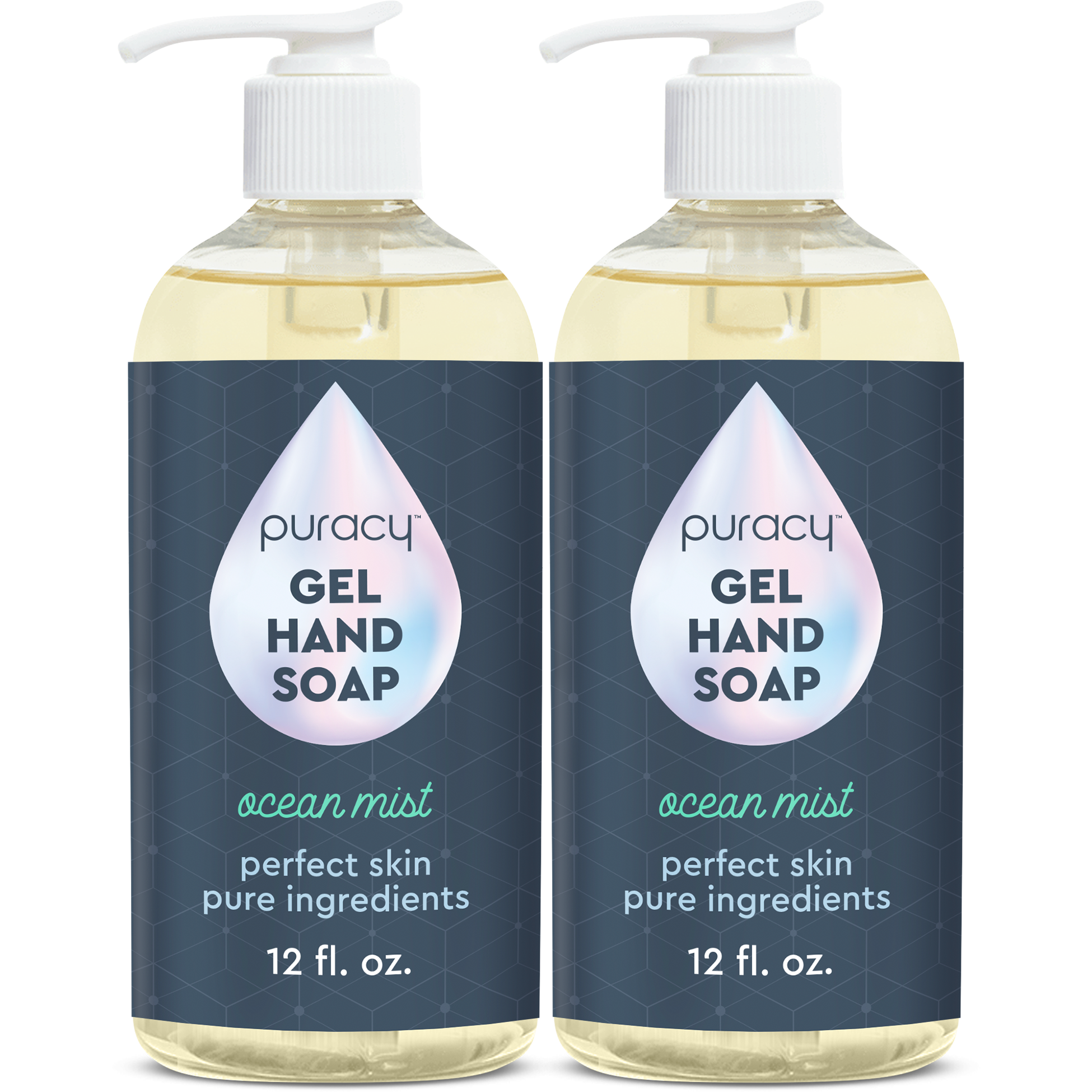 Two bottles of Gel Hand Soap in Ocean Mist scent, crafted with plant-based ingredients for moisturizing and hydrating benefits, each equipped with a convenient pump dispenser and containing 12 fl. oz.