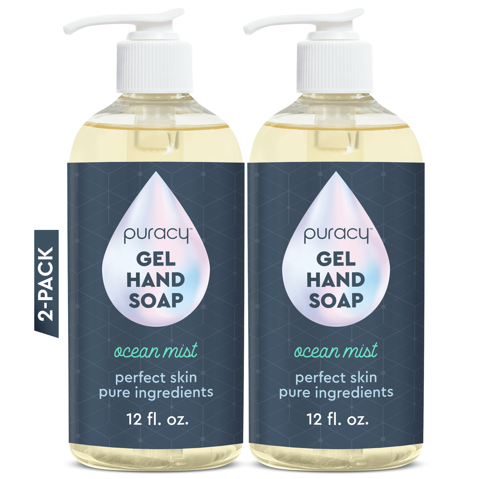 Two bottles of Puracy Gel Hand Soap in the Ocean Mist scent, each containing 12 fl. oz, come with convenient pump dispensers and are crafted with plant-derived ingredients for a moisturizing and hydrating cleanse.