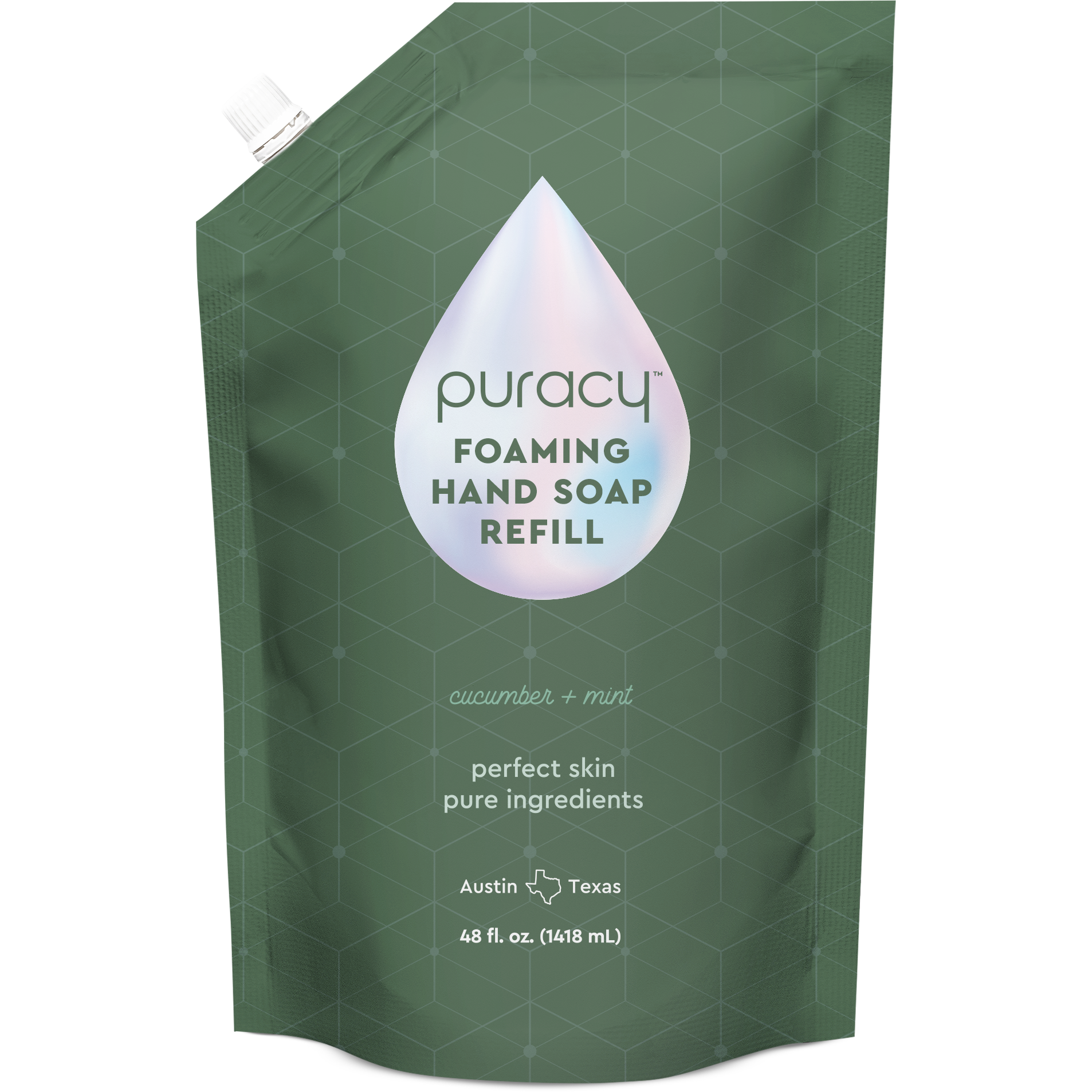 Cucumber Mint-scented Puracy Foaming Hand Soap refill, made from plant-based ingredients for an eco-friendly option, in a green pouch.