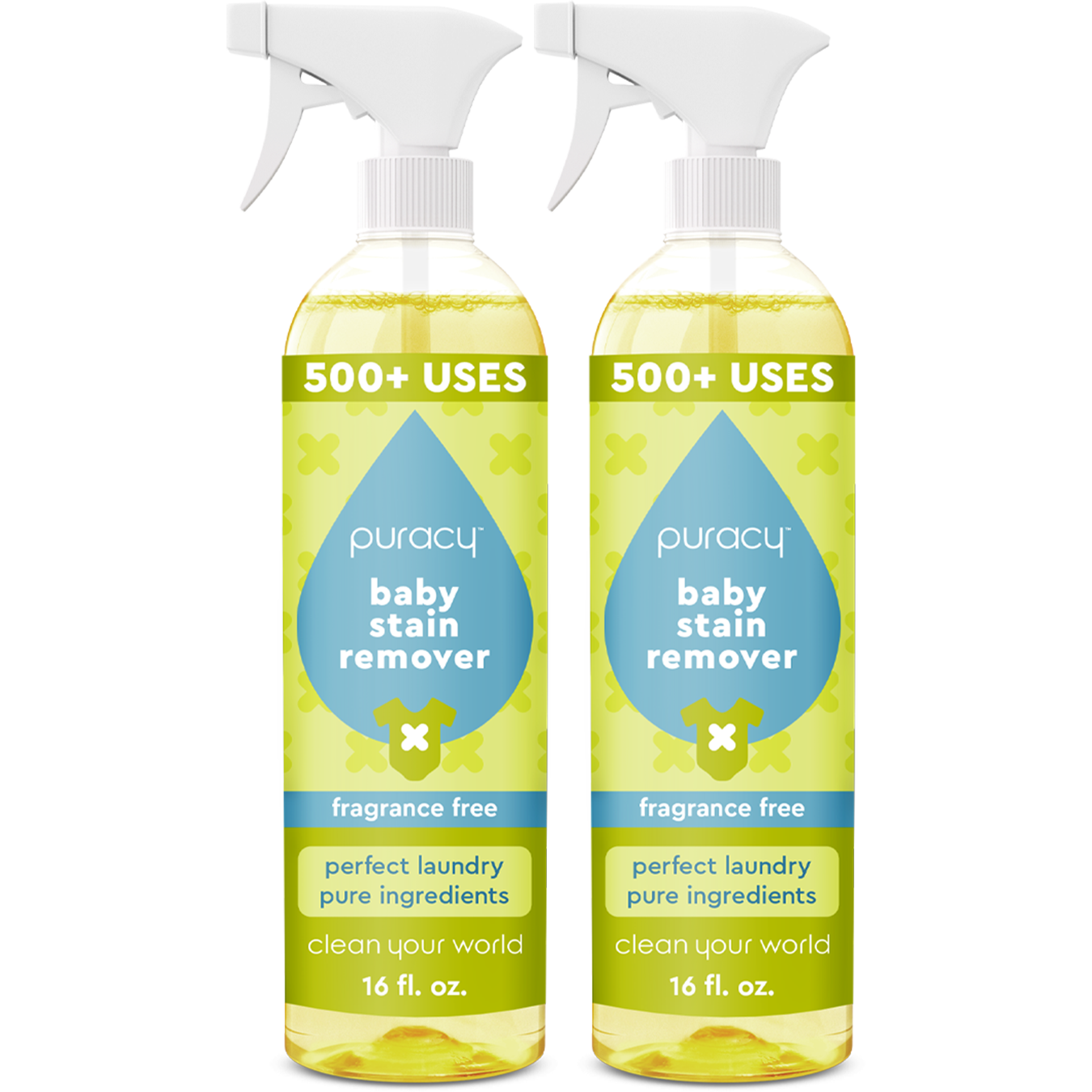 A pair of 16 fl. oz bottles of Puracy Baby Stain Remover, which is fragrance-free and environmentally friendly, offers over 500 uses per bottle and is crafted with plant-based enzymes for effective stain removal.