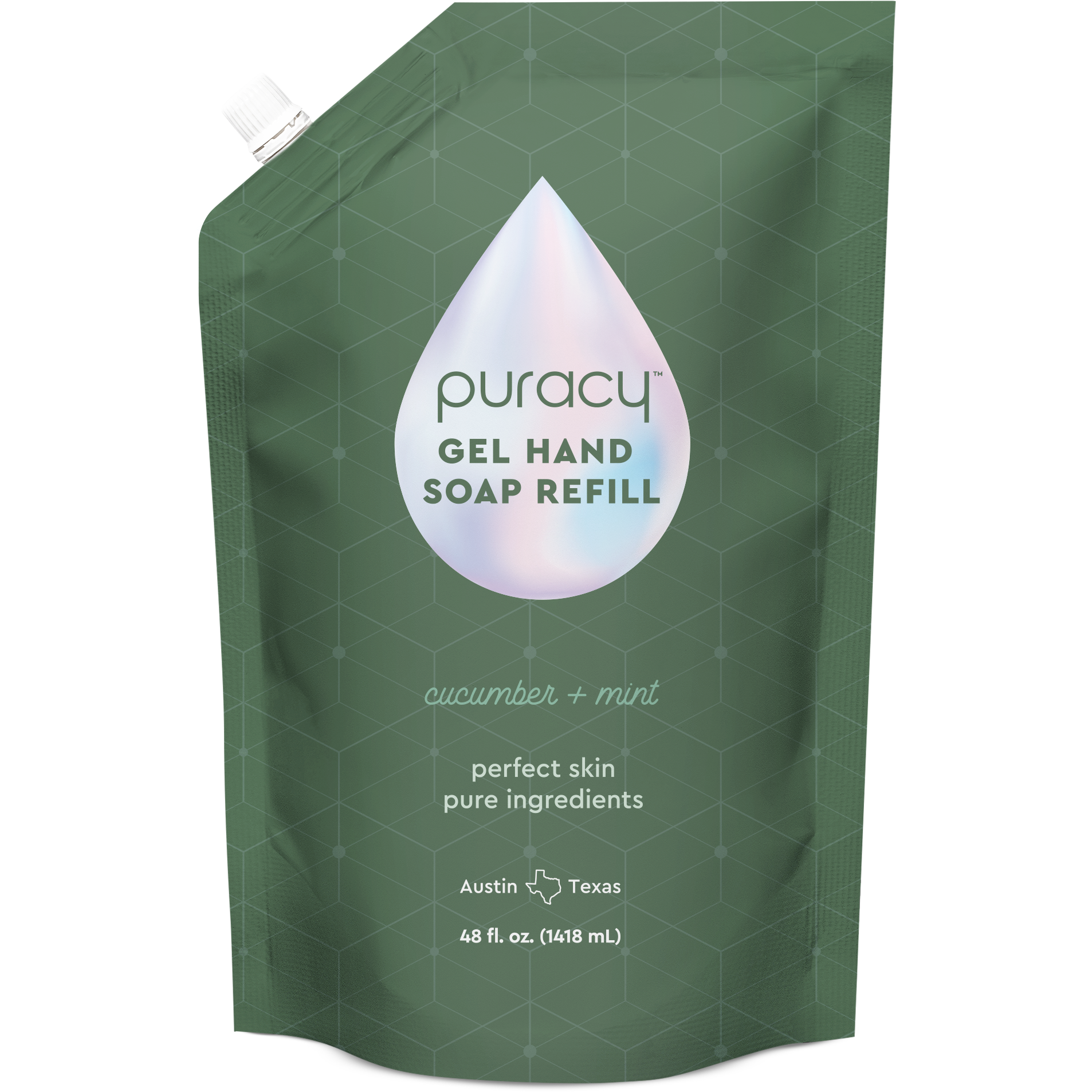 Green pouch of Gel Hand Soap refill by Puracy, formulated with plant-derived ingredients and featuring a refreshing cucumber mint scent, 48 fl oz. Experience moisturizing and hydrating benefits with every use.