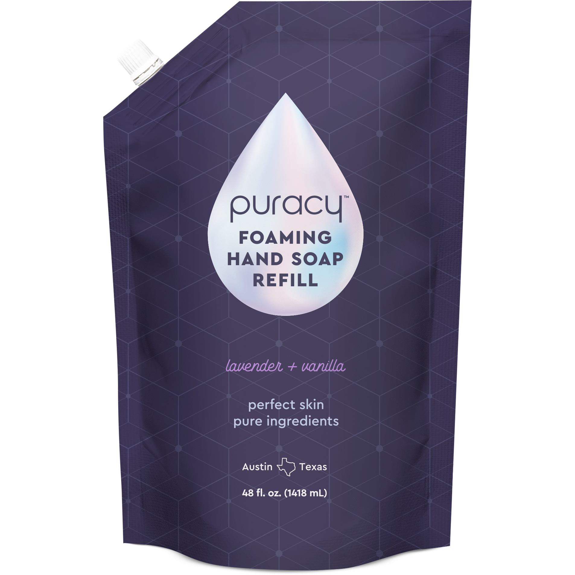 Purple pouch of Puracy Foaming Hand Soap refill, showcasing eco-friendly, plant-based ingredients with a calming lavender + vanilla fragrance. Biodegradable and gentle on the environment, 48 fl oz.