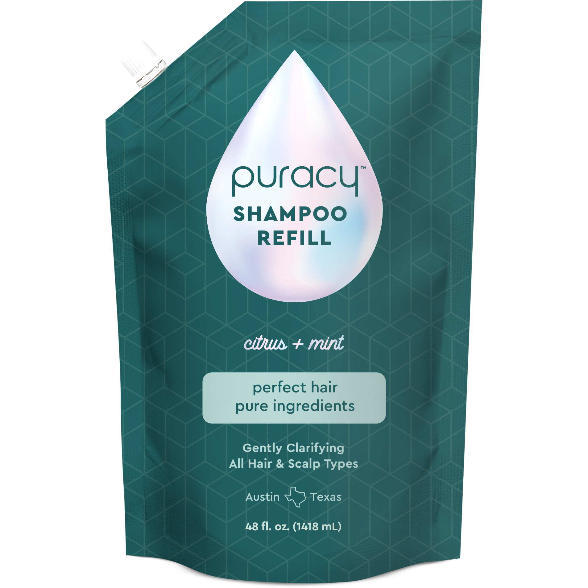 Puracy's Shampoo (Sulfate/Paraben/Silicone-Free) Refill pouch, featuring botanical extracts and a refreshing citrus mint scent, 48 fl oz, is suitable for all hair types.