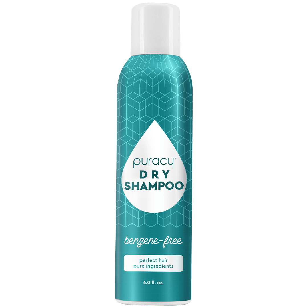 The Dry Shampoo (Benzene & Silicone-Free, Color-Safe) comes in a teal can adorned with a hexagonal pattern and highlights its benzene-free composition, utilizing plant-based ingredients to deliver an effective, hypoallergenic vegan formula.