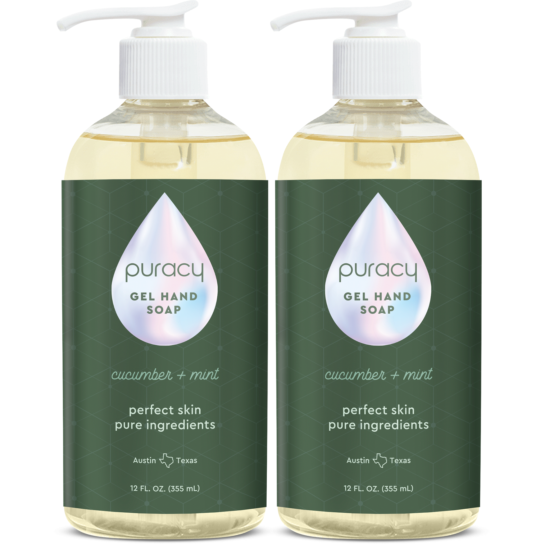 Two bottles of Gel Hand Soap, featuring plant-based ingredients, provide a refreshing cucumber and mint scent. Each 12 oz bottle of this gel cleansing liquid hand soap offers moisturizing and hydrating benefits for your hands.