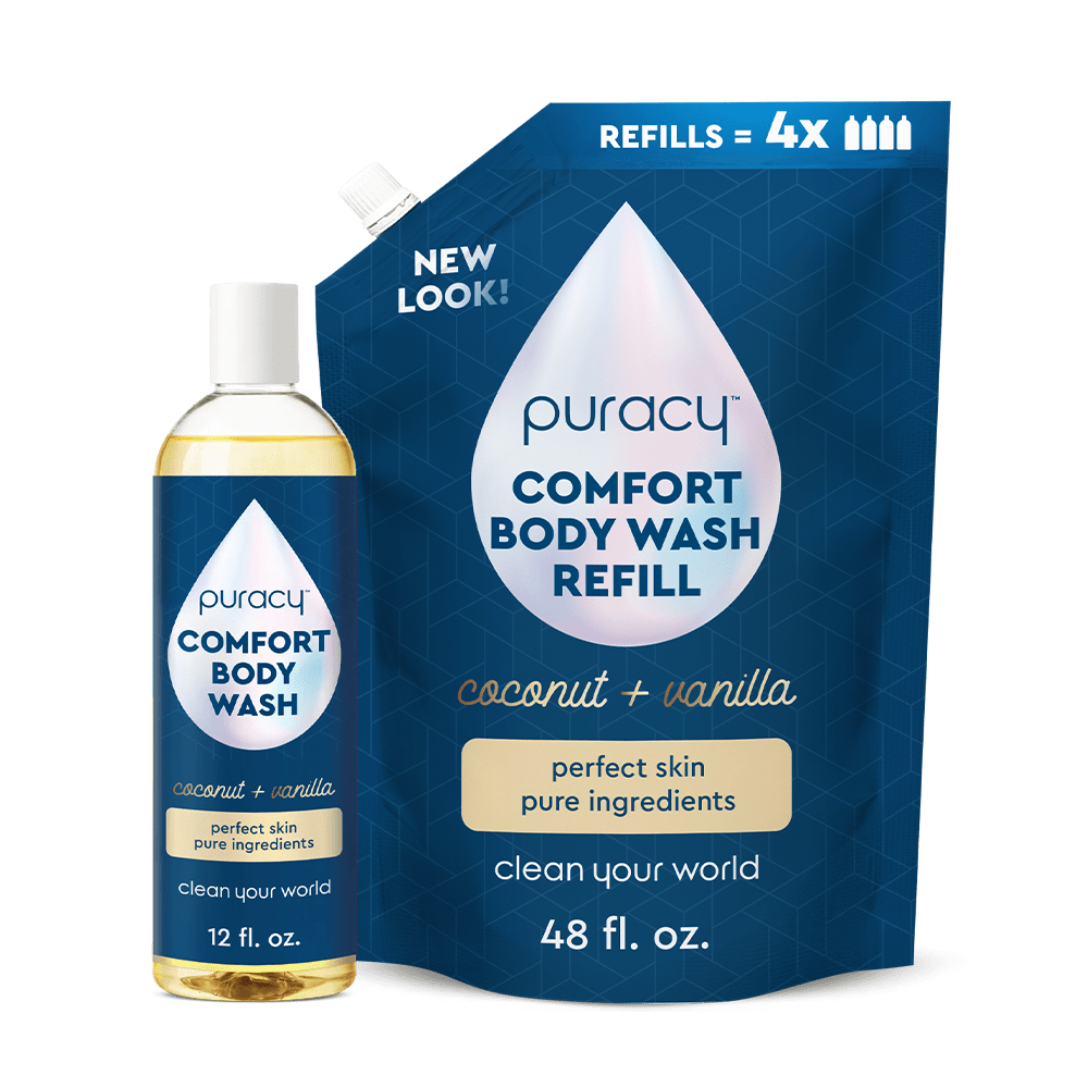 Puracy Refillable Natural Body Wash, coconut vanilla scent, with hypoallergenic formula and clean branding.