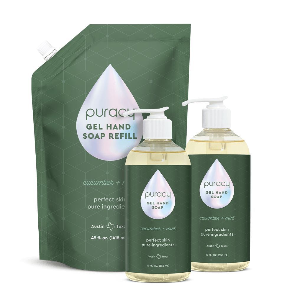The Gel Hand Soap refill pouch from Puracy, made with plant-derived ingredients, comes with two pump bottles and features a cucumber + mint scent. This hydrating and moisturizing gel cleansing liquid hand soap provides a refreshing wash with every use.