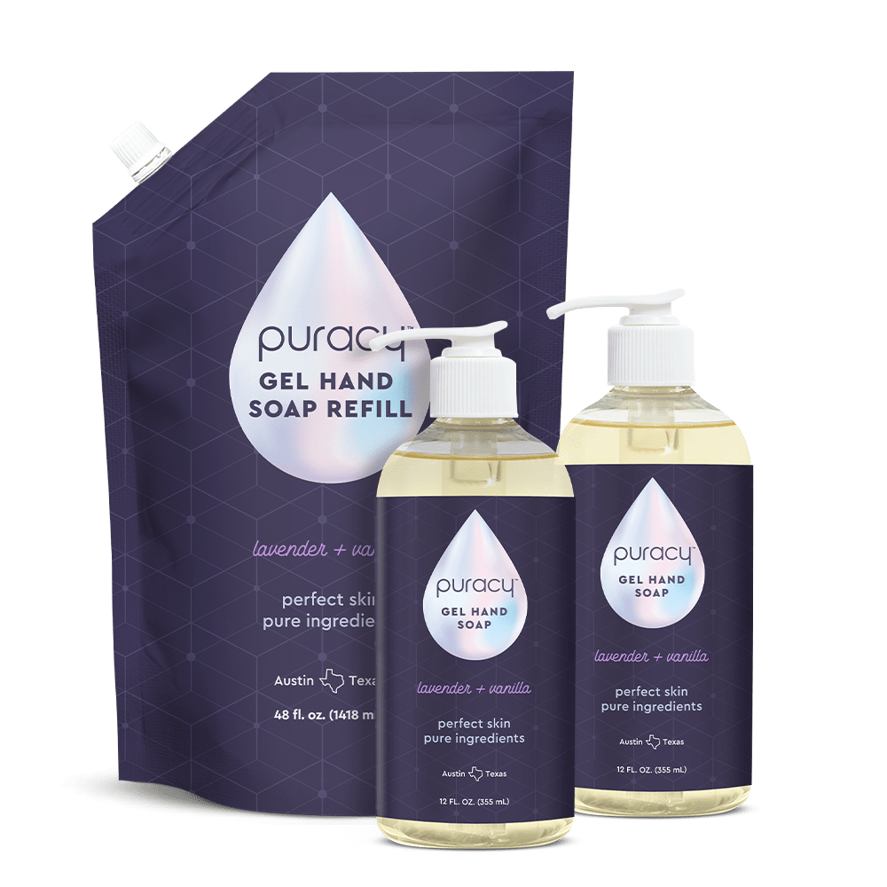 Puracy Gel Hand Soap in lavender vanilla scent includes moisturizing and hydrating, plant-based ingredients, available in a convenient refill pouch and two pump bottles.