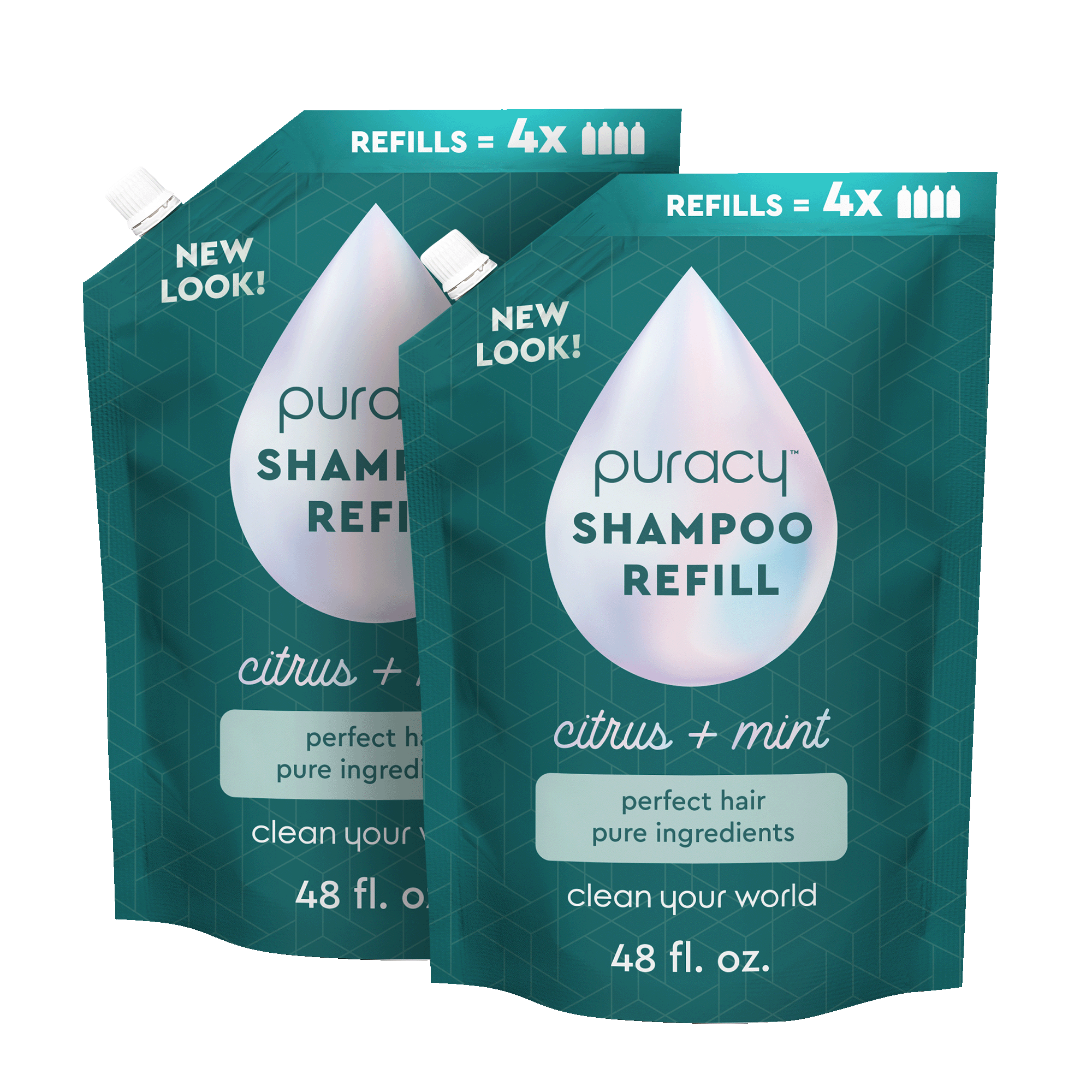 Two pouches of Puracy Shampoo (Sulfate/Paraben/Silicone-Free) refill, infused with botanical extracts and essential oils in a citrus + mint scent, 48 fl. oz. each, featuring a new look and updated refill information.