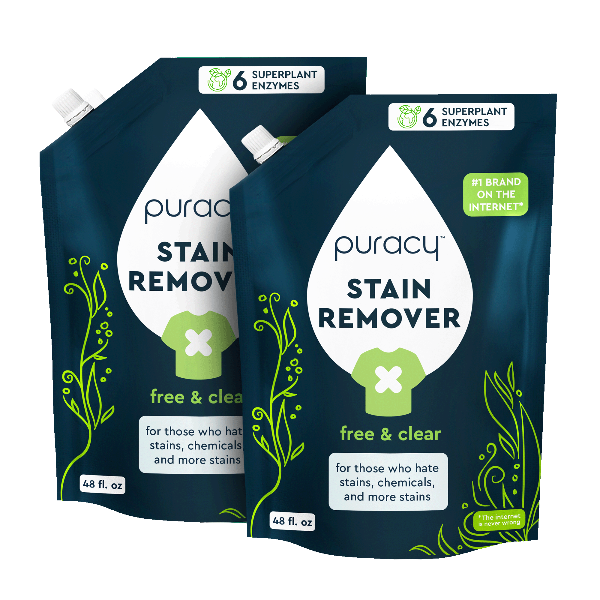 Two 48 fl. oz. pouches of Puracy Laundry Stain Remover with plant-based formula and green/white design.