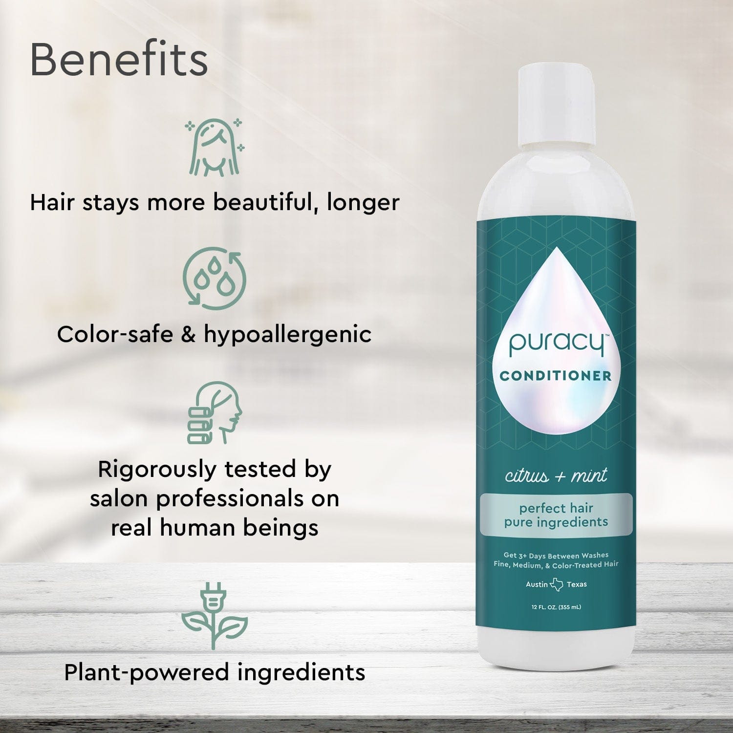 Bottle of Puracy's Silicone/Dimethicone/Sulfate Free Conditioner, featuring benefits like deep hydration and infusion with natural essential oils.