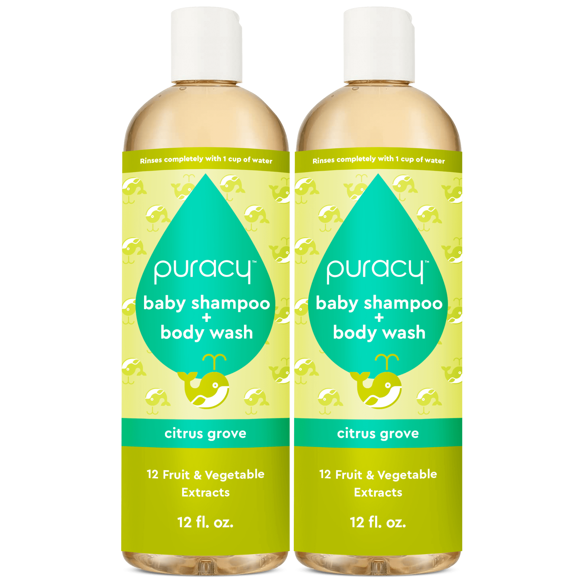 Two bottles of Baby Shampoo & Body Wash (Tear-Free) by Puracy, made with plant-derived ingredients suitable for sensitive skin and featuring a refreshing citrus grove scent, 12 fl. oz each.