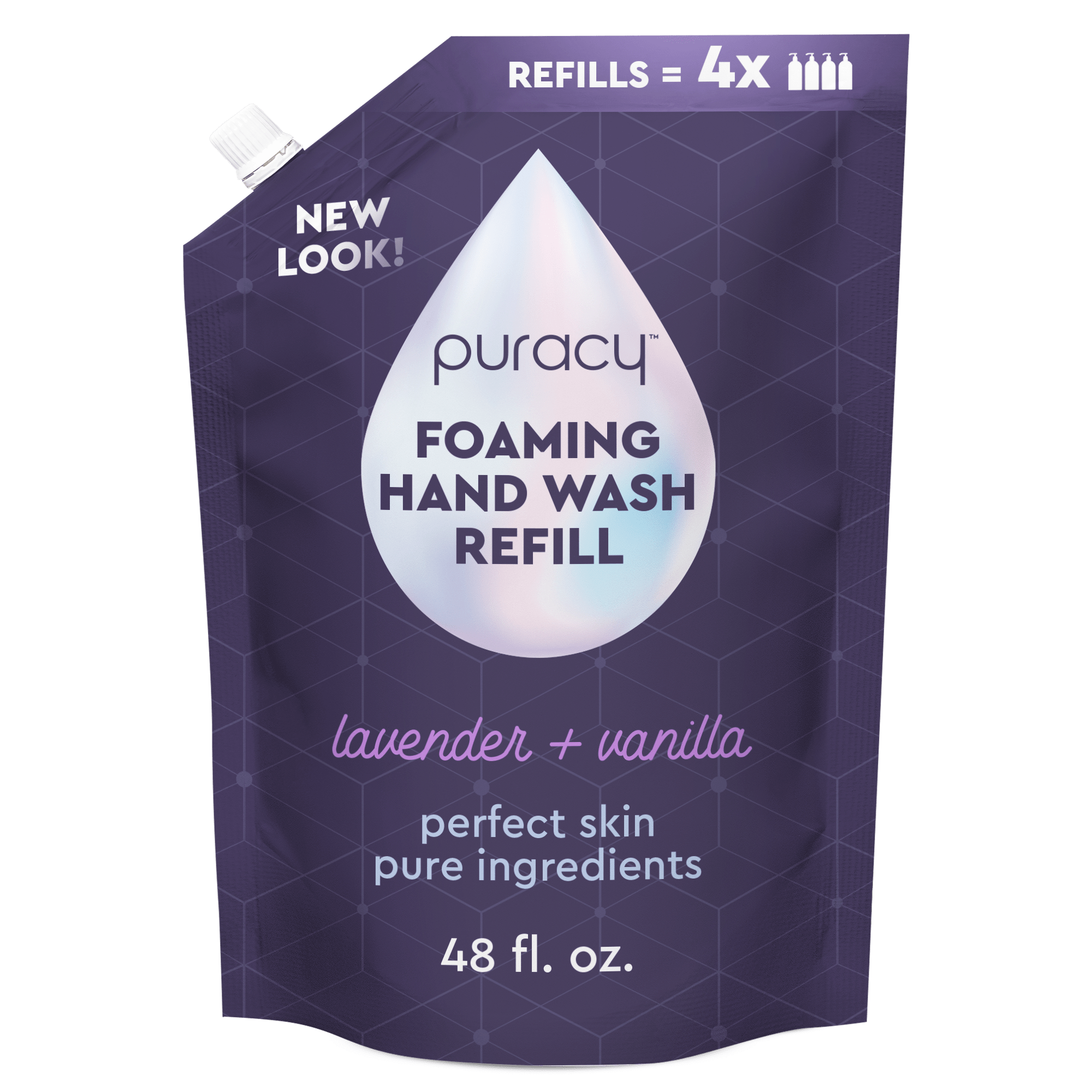 Puracy Foaming Hand Soap, with a new label design, is available in a 48 fl. oz. lavender + vanilla refill pouch and features eco-friendly, plant-based ingredients for a gentle clean.