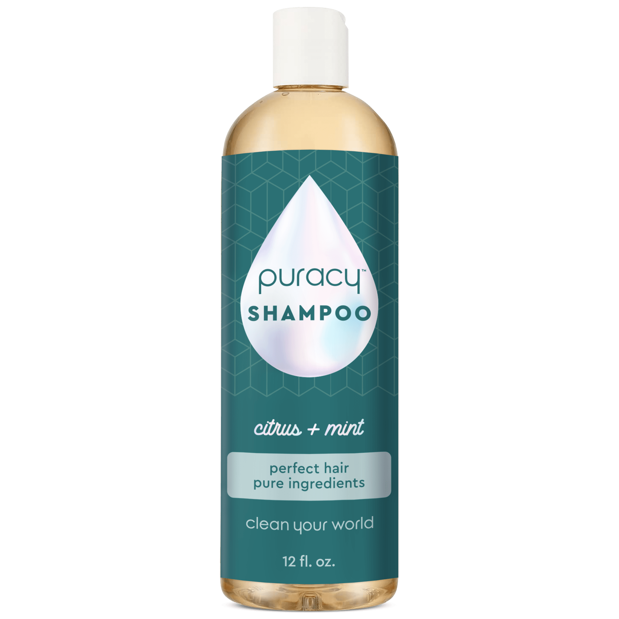 Puracy Shampoo (Sulfate/Paraben/Silicone-Free), citrus + mint, 12 fl. oz, featuring a blue and clear label, infused with botanical extracts and essential oils for a refreshing cleanse, provides gentle nourishment for your hair.