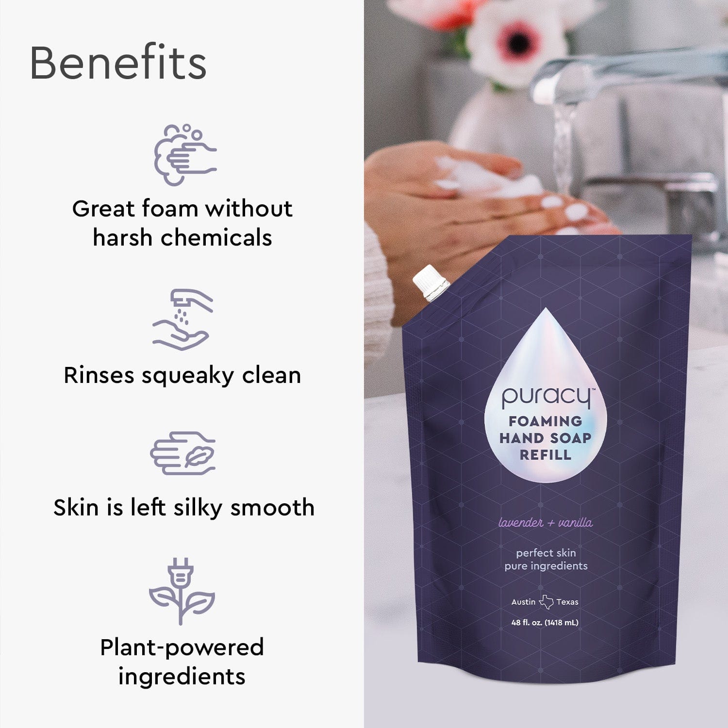 Puracy's Foaming Hand Soap refill pouch, made with eco-friendly, biodegradable plant-based ingredients, offers benefits on the side for a sustainable clean. #common #scent_lavender-vanilla refill_#size