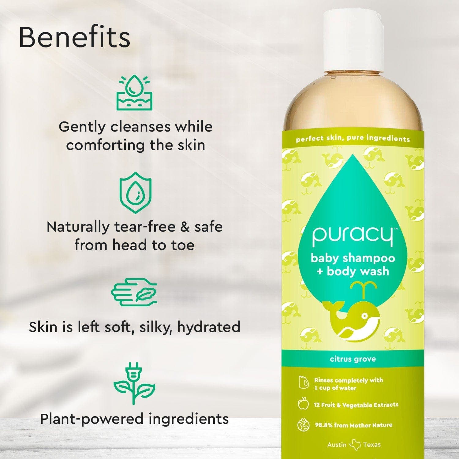 The Baby Shampoo & Body Wash (Tear-Free) bottle offers gentle, tear-free, and hydrating care made with plant-derived ingredients, specifically formulated for sensitive skin. #common #scent_citrus-grove standard-pack-of-2_#size