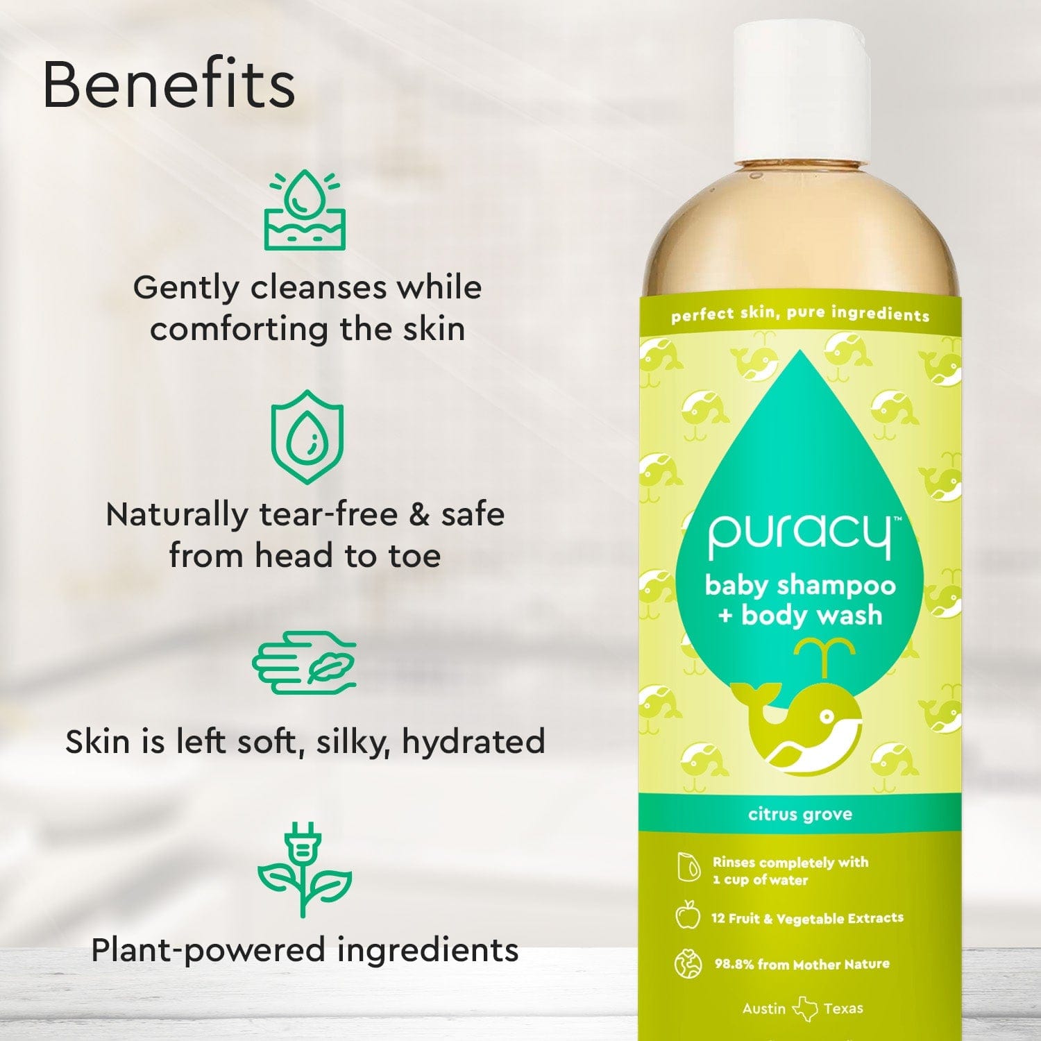 The Baby Shampoo & Body Wash (Tear-Free) bottle offers gentle, tear-free, and hydrating care made with plant-derived ingredients, specifically formulated for sensitive skin.