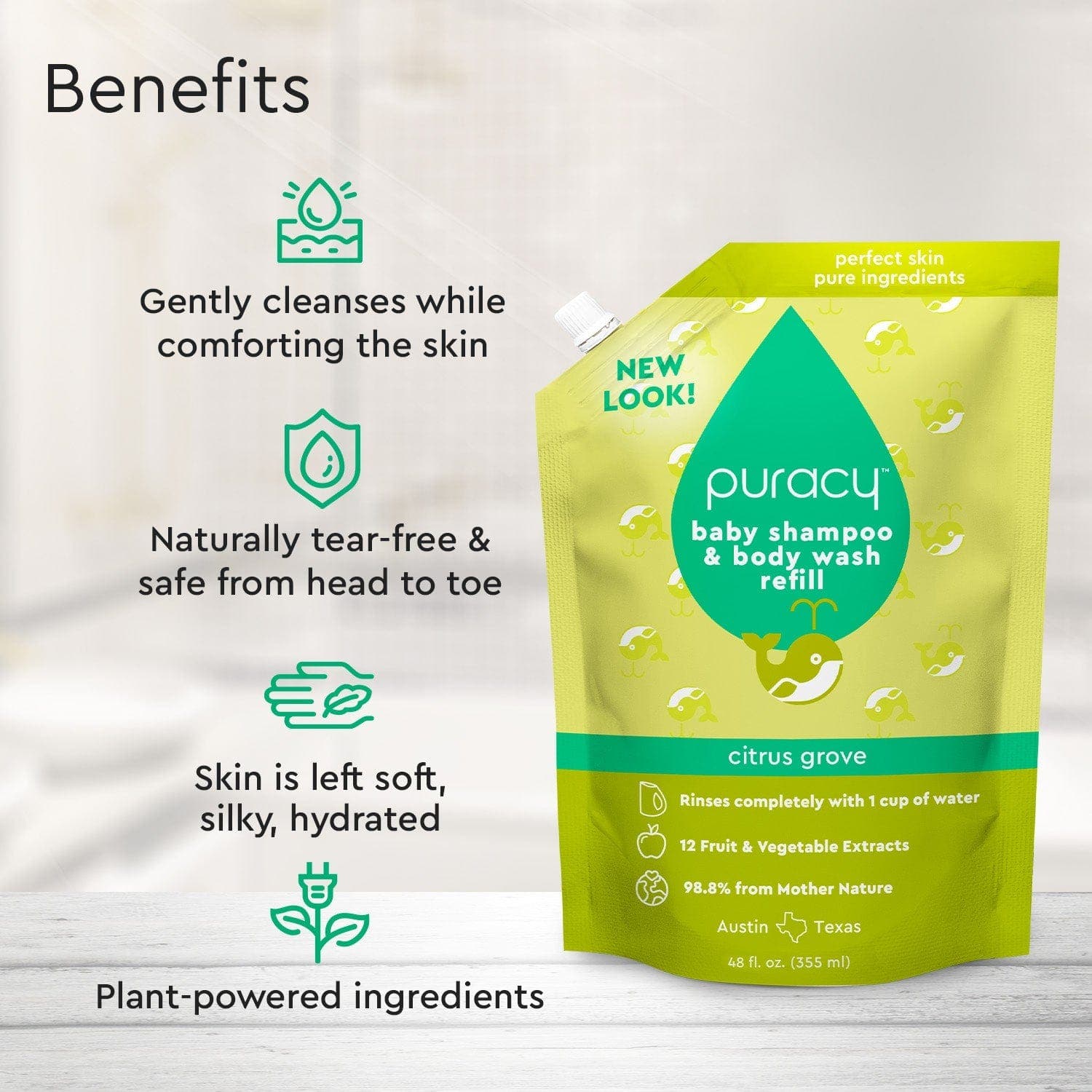Displayed on a green and white background, the Baby Shampoo & Body Wash (Tear-Free) refill pack by Puracy features plant-derived ingredients suitable for sensitive skin. #common #scent_citrus-grove refill_#size