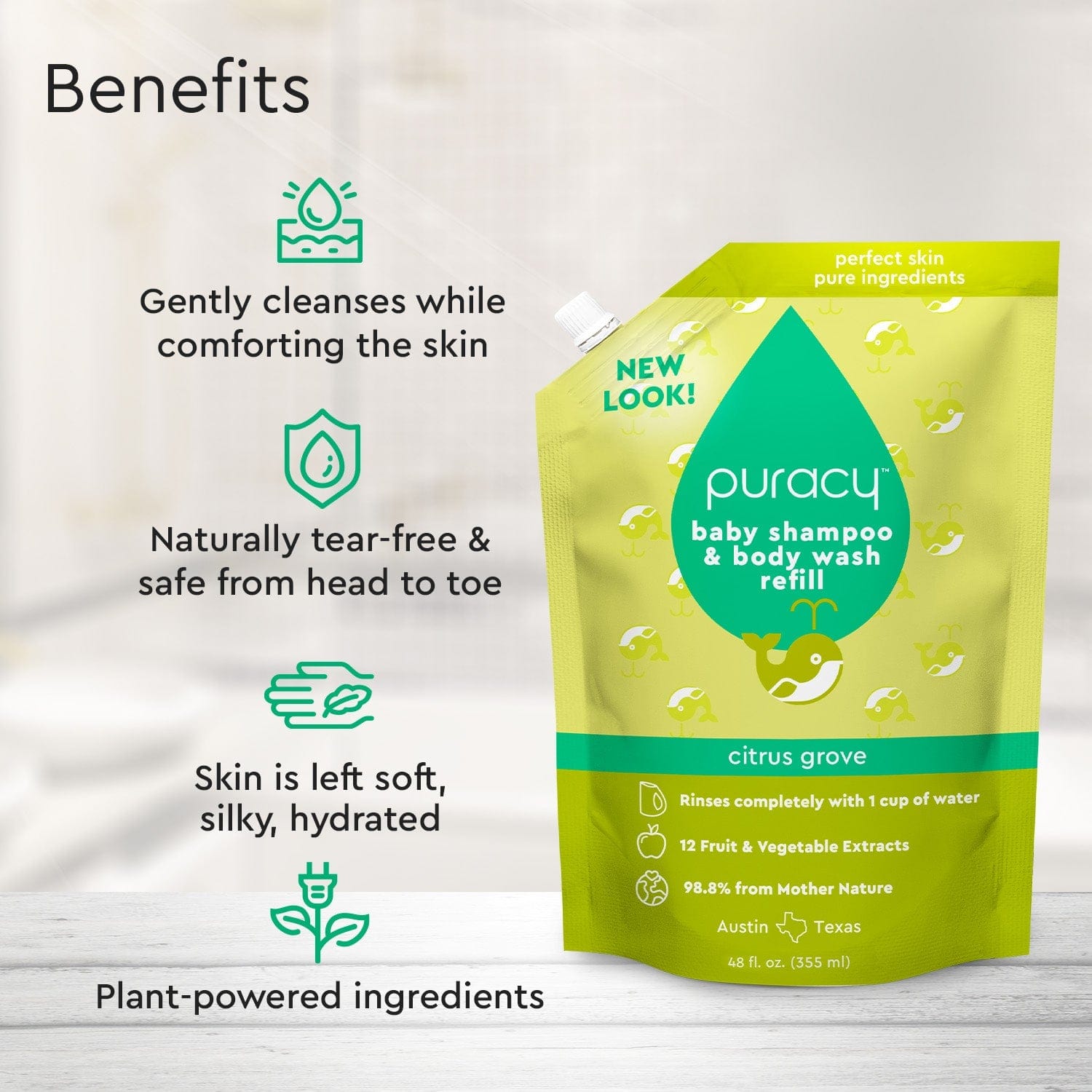 Displayed on a green and white background, the Baby Shampoo & Body Wash (Tear-Free) refill pack by Puracy features plant-derived ingredients suitable for sensitive skin.