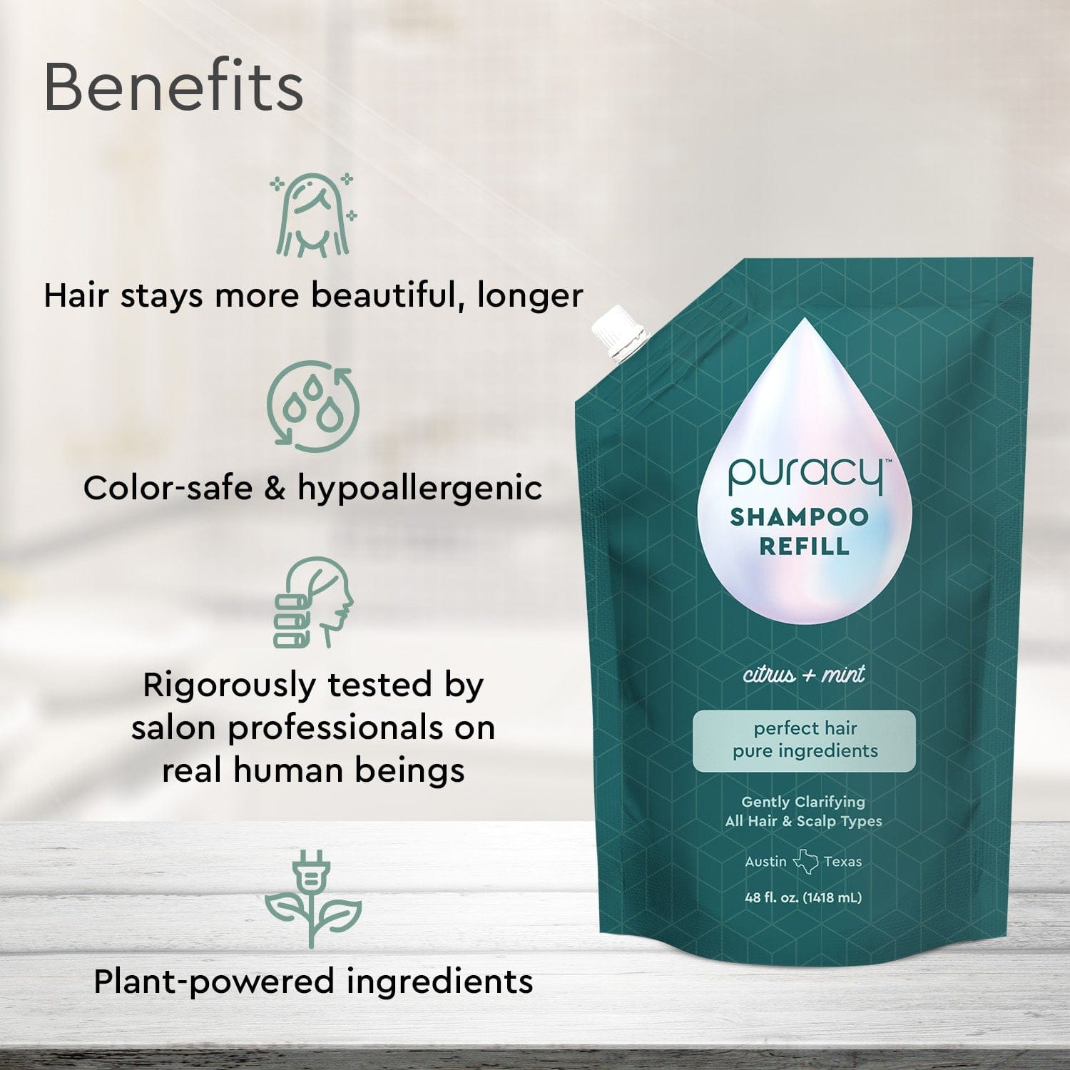 Puracy's Shampoo (Sulfate/Paraben/Silicone-Free) refill pouch features hypoallergenic, salon-tested, plant-powered ingredients enriched with botanical extracts.