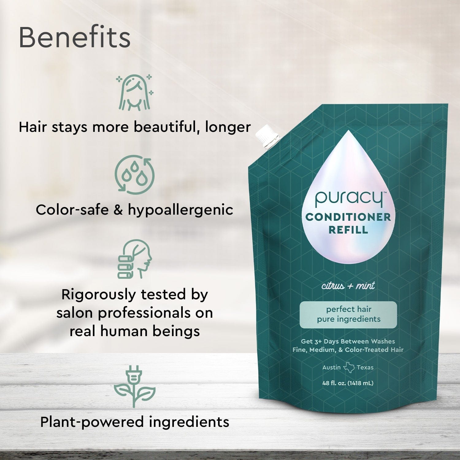 A green pouch of Puracy's Conditioner (Silicone/Dimethicone/Sulfate Free) sits on the table, highlighting its deep hydration benefits enhanced by natural essential oils, ensuring your hair stays healthy and revitalized.