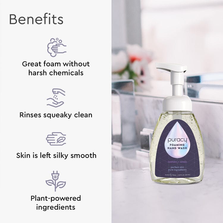 A bottle of Foaming Hand Soap rests on the bathroom counter, highlighting its advantages with eco-friendly assurances. Crafted from plant-based ingredients, this biodegradable formula guarantees cleanliness while caring for the planet's health.