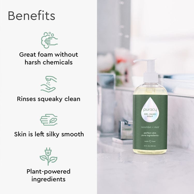 On the bathroom counter sits a bottle of Gel Hand Soap. This plant-based product provides amazing foam, a clean rinse, and leaves your skin feeling silky smooth. With its plant-derived ingredients, you can enjoy moisturizing and hydrating benefits with every wash.#scent_cucumber-&-mint|size_standard