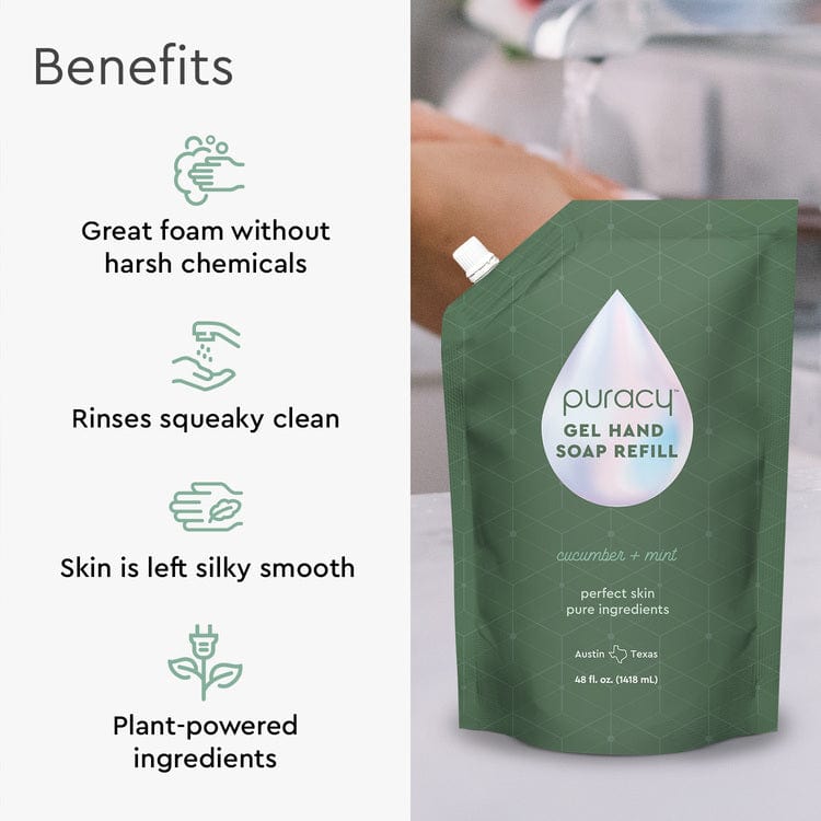 The Gel Hand Soap Refill by Puracy combines plant-derived ingredients with moisturizing benefits, providing excellent foam and a refreshing, squeaky-clean rinse.#scent_cucumber-&-mint|size_refill