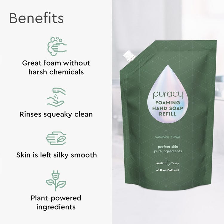 Green pouch of Foaming Hand Soap Refill by Puracy, showcasing plant-based ingredients and eco-friendly benefits displayed on the left.