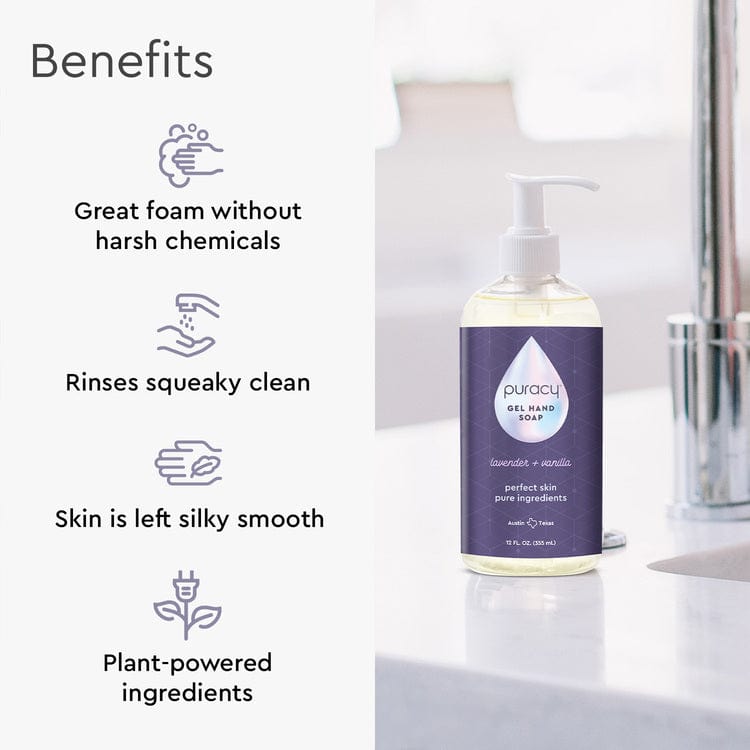 Puracy's Gel Hand Soap adds a touch of elegance to your counter, offering great foam, a squeaky clean rinse, and smooth skin. Made with plant-derived ingredients, it moisturizes and hydrates your hands effectively.#scent_lavender-&-vanilla|size_standard