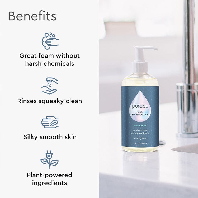 A bottle of Gel Hand Soap sits on the counter, highlighting its moisturizing and hydrating benefits. Made with plant-derived ingredients, this cleansing liquid hand soap is formulated to nourish your skin while providing a refreshing clean.#scent_ocean-mist|size_standard