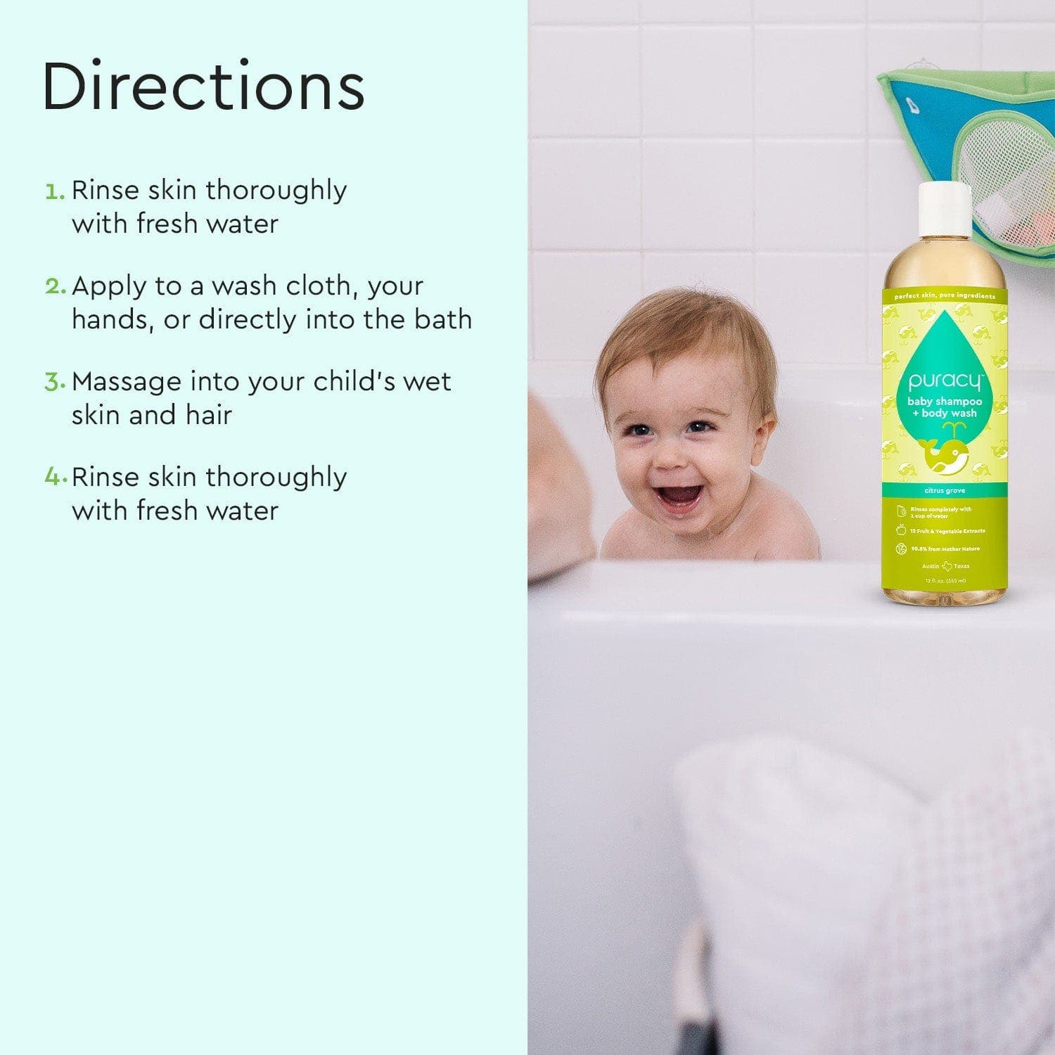 A baby in the bathtub is smiling, with a bottle of Baby Shampoo & Body Wash (Tear-Free), known for its plant-derived ingredients and directions, beside them. #common #scent_citrus-grove standard-pack-of-2_#size