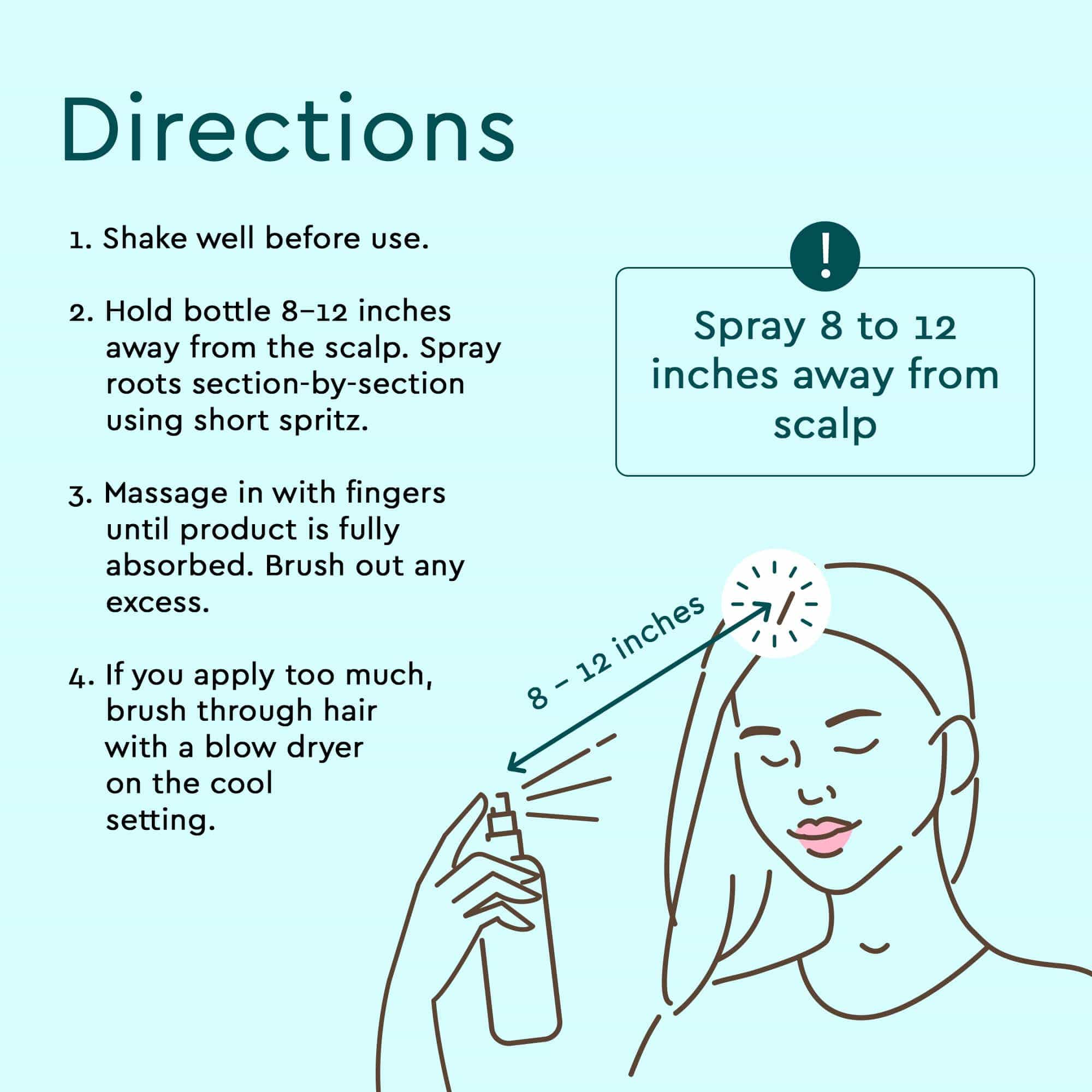 Instructions for using our Dry Shampoo (Benzene & Silicone-Free, Color-Safe): Shake well and spray 6 inches from roots. Massage gently for volume, then brush through. Infused with plant-based ingredients, it's hypoallergenic and vegan, delivering fresh hair without water. #common #size_standard