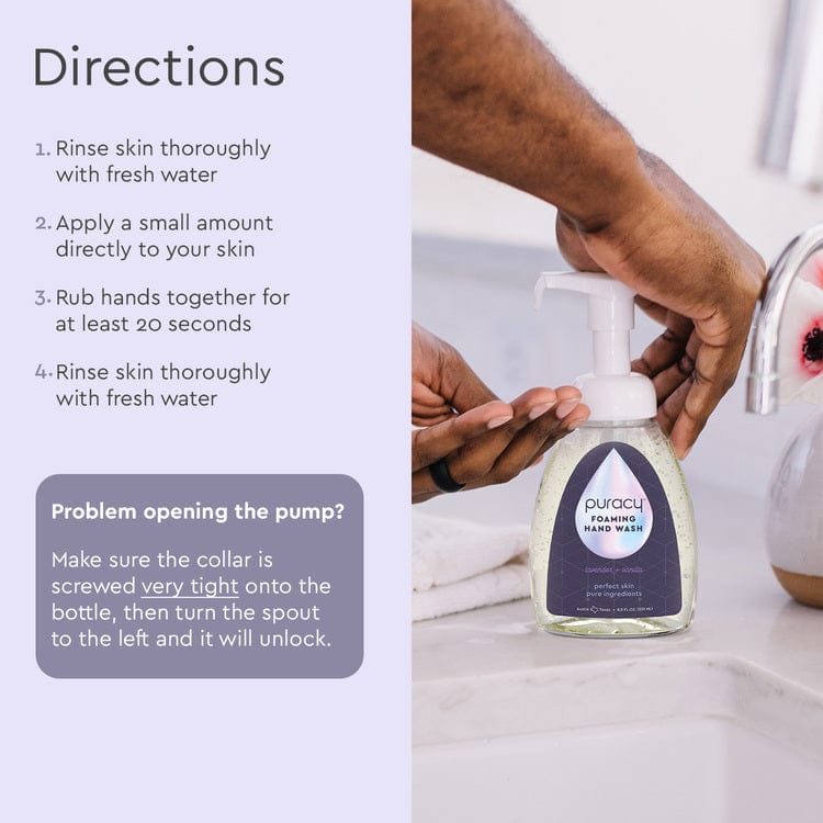 A person cleanses their hands using Foaming Hand Soap, which includes clear instructions on the left side. This eco-friendly product is formulated with plant-based ingredients for a gentle and effective cleanse. #common #scent_lavender-vanilla standard-pack-of-3_#size